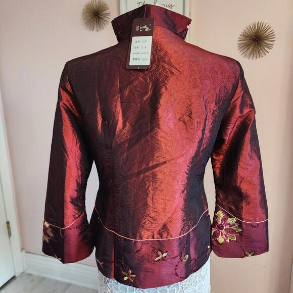 NWT DA Mu Tang Zhuang Floral jacket blazer Maroon embroidered XL - Picture 2 of 9
